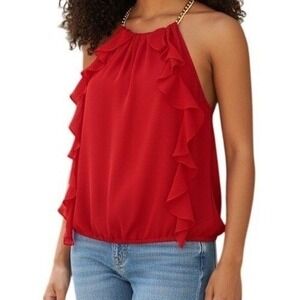 🆕 CACHE Lipstick Red Gold Chain Halter Ruffle Sleeveless Blouse EUC Size Medium
